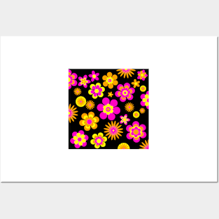 Seventies Look Floral Pattern 3 Black Background Posters and Art